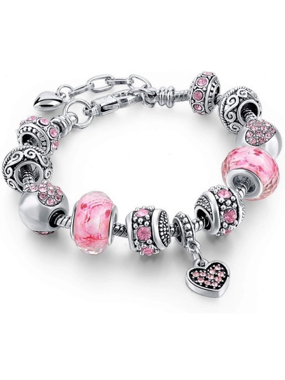 Anthropologie Silver-Tone Bracelet with Pink Murano Beads and Heart Charm